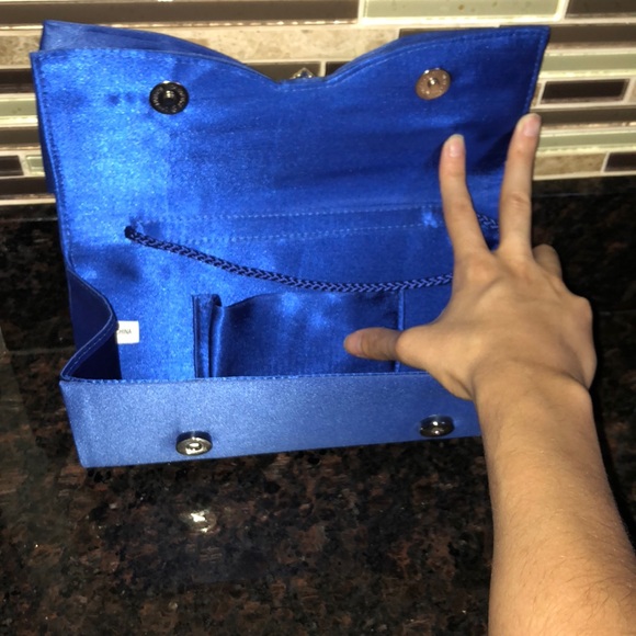 Royal Blue Satin Wristlet / Clutch With Rhinestones - Picture 4 of 5